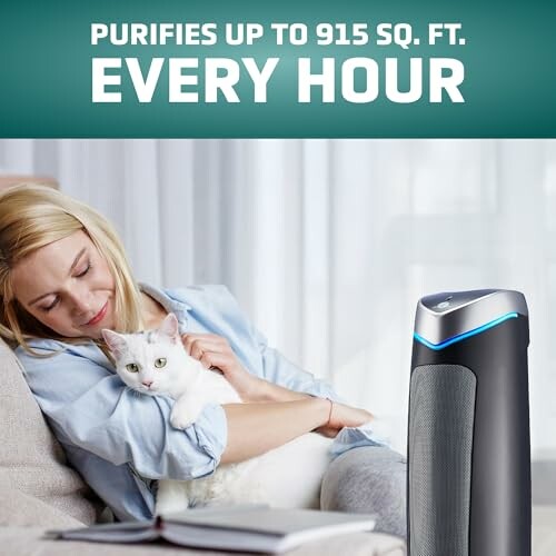 Woman holding a cat next to an air purifier with text about purification area.