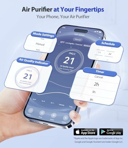 Mobile app interface for controlling air purifier with settings and indicators.