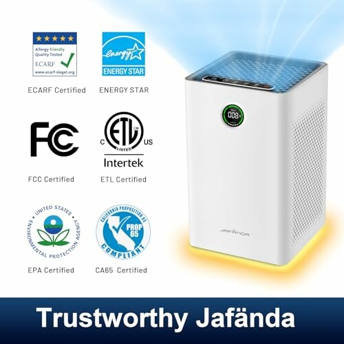 Air purifier with various certifications displayed.