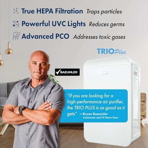 Air purifier features including HEPA filtration, UVC lights, and PCO with a testimonial.