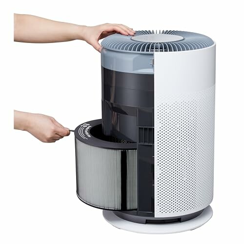 Person replacing filter in cylindrical air purifier.
