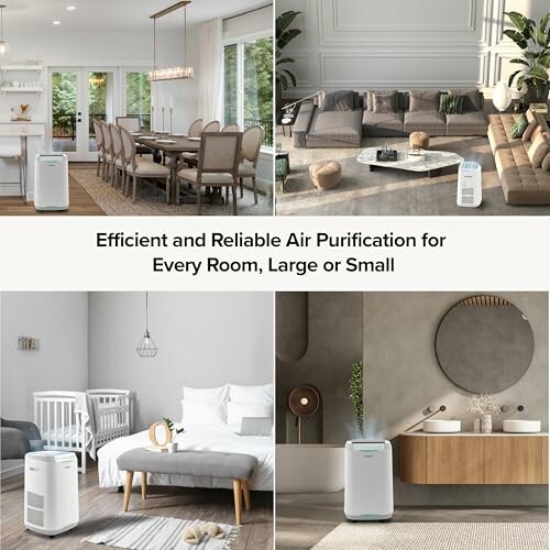 Air purifier in various home settings: dining room, living room, bedroom, bathroom.