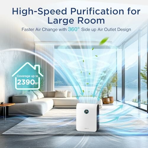Air purifier in a spacious living room with large windows, highlighting high-speed purification for large areas.