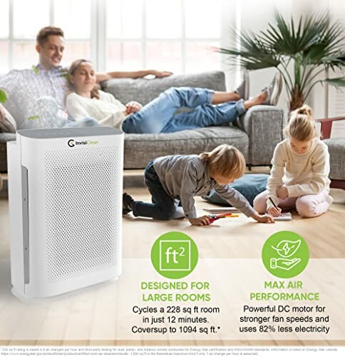 Air purifier in a living room with family, highlighting features for large rooms and max air performance.