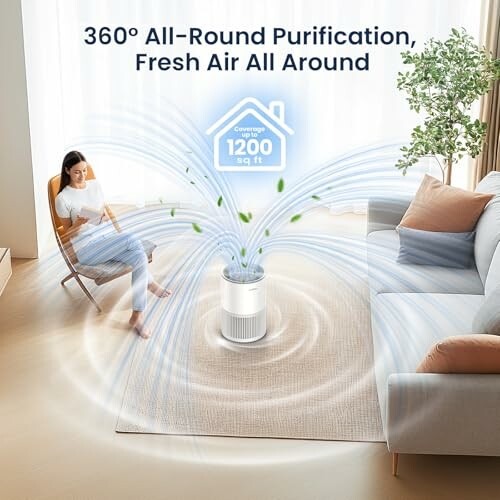 Woman sitting in living room with air purifier showing coverage area.