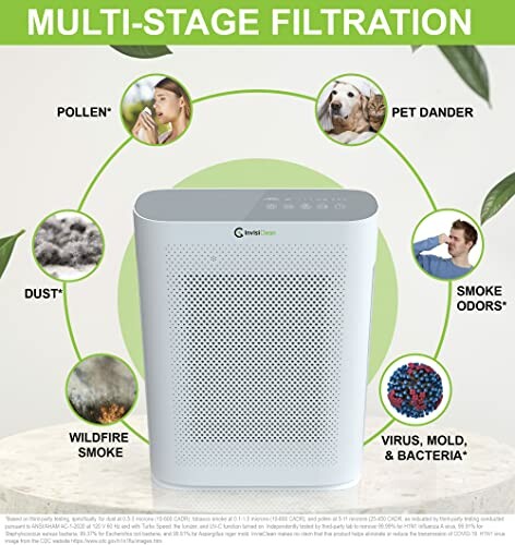 Air purifier with multi-stage filtration for pollen, pet dander, smoke odors, dust, wildfire smoke, virus, mold, and bacteria.