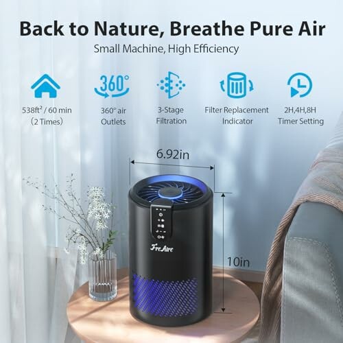 Air purifier with features like 538ft² coverage, 360-degree air outlets, 3-stage filtration, filter replacement indicator, and timer settings.
