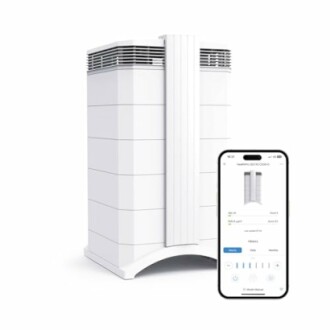 Air purifier with smartphone app control displayed.
