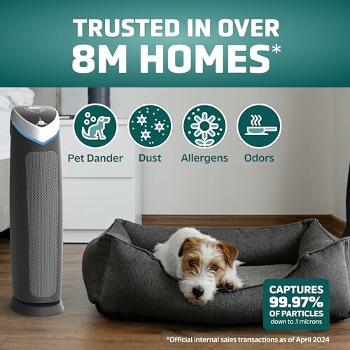 Air purifier next to a dog in a bed, highlighting features like capturing pet dander, dust, allergens, and odors.