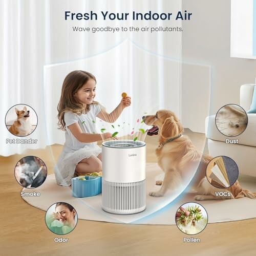 Child and dog with air purifier, highlighting air pollutants like pet dander and dust.