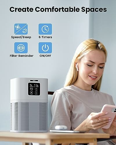 Woman using smartphone beside air purifier with features displayed.