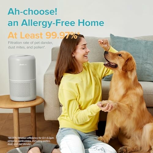 Woman with dog next to air purifier for allergy-free home.