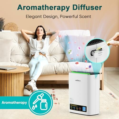Woman relaxing on couch with aromatherapy diffuser releasing mist.