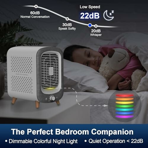Child sleeping peacefully with air purifier and dimmable night light.