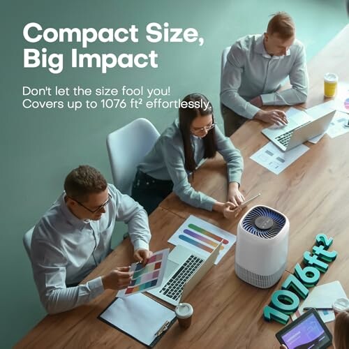 Three people working at a desk with a compact air purifier, text about covering up to 1076 square feet.