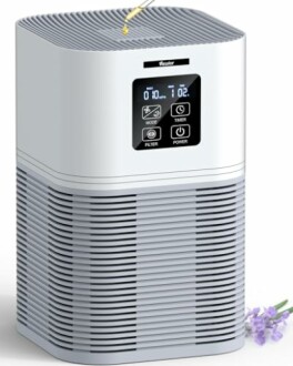 Compact air purifier with digital display and lavender sprig.
