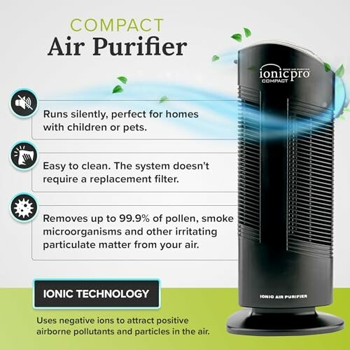 Compact air purifier with features and ionic technology.