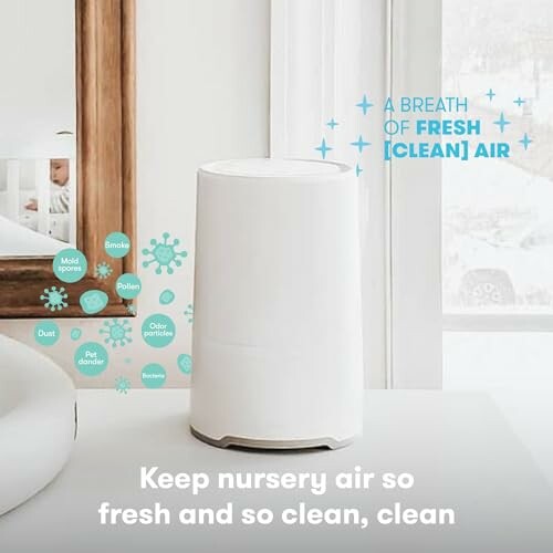 Air purifier in nursery with text about fresh and clean air.