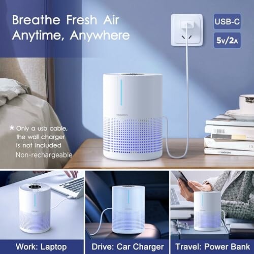 Portable USB air purifier showing different usage scenarios: work with laptop, drive with car charger, and travel with power bank.
