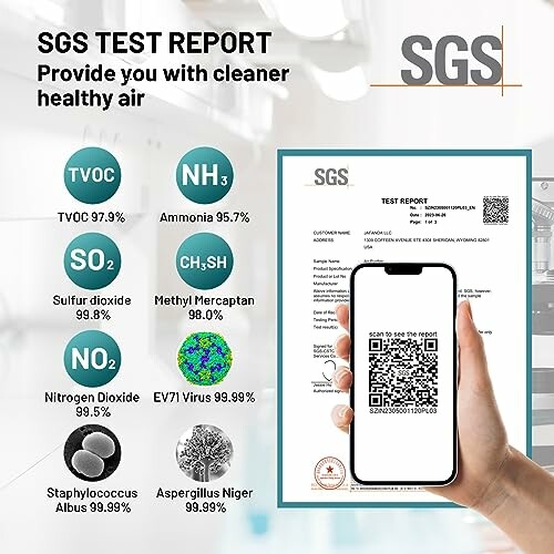 SGS test report for cleaner healthy air with QR code and results for various substances.