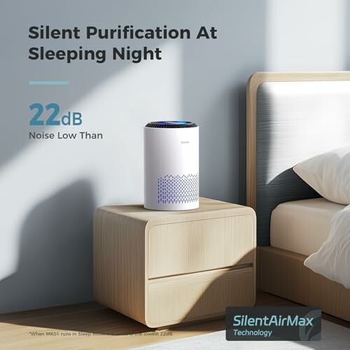 Air purifier on a bedside table with text highlighting silent operation at 22dB.
