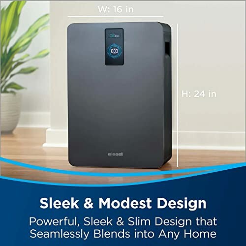 Sleek air purifier with dimensions 16x24 inches.