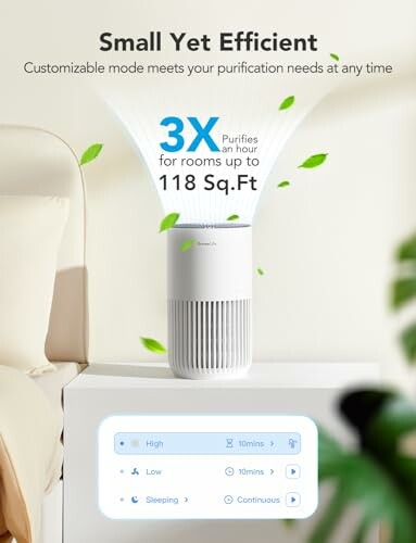 Compact air purifier on table with customization options.