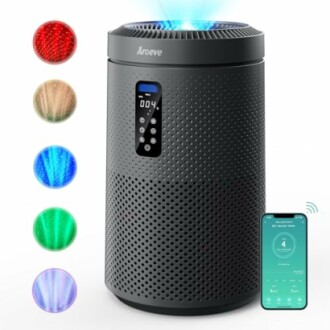 Smart air purifier with control panel and smartphone app integration.
