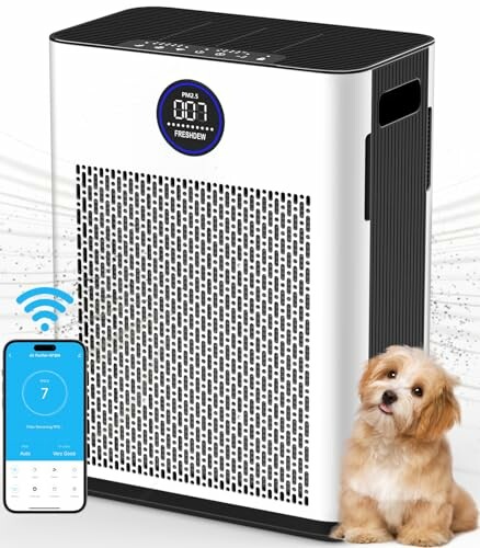 Smart air purifier with digital display and dog nearby.