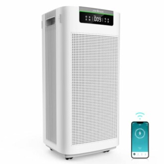 Smart air purifier with digital display and smartphone app connectivity.