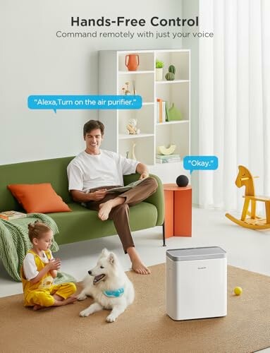 Man using voice commands to control air purifier with child and dog nearby.