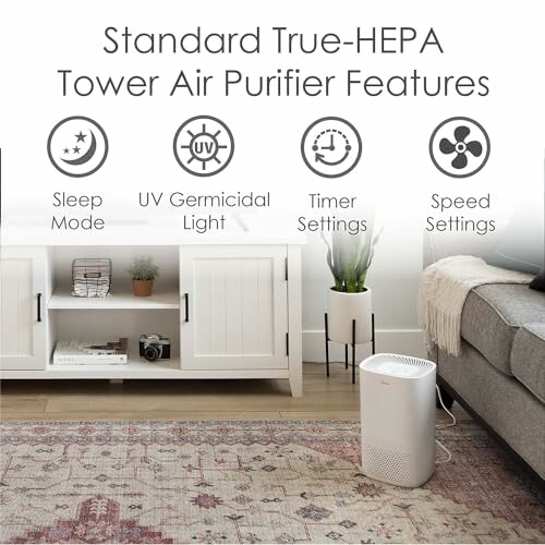 Living room with air purifier and feature icons for sleep mode, UV light, timer, and speed settings.