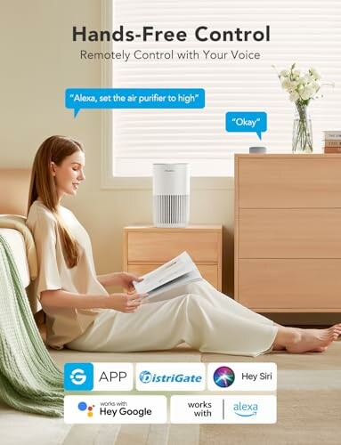 Woman using voice control for air purifier in a cozy room.