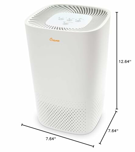 White air purifier with dimensions 12.64 by 7.64 inches.