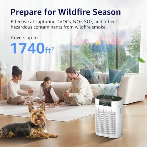 Family in living room with air purifier and text about wildfire season coverage.